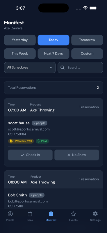 Sports Carnival app — My Reservations screen showing upcoming bookings with confirmation and waiver status
